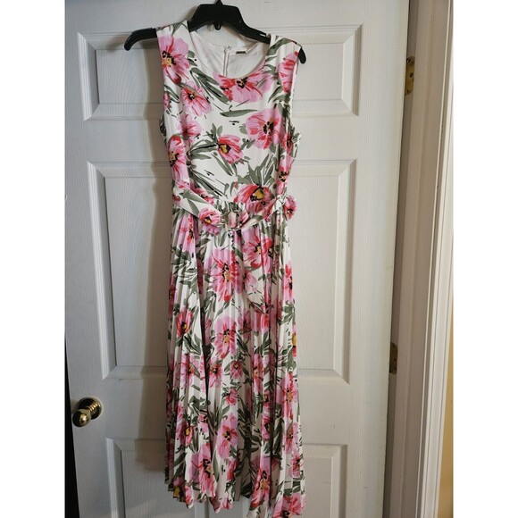 Tahari Pink Green Floral Print Pleated  Belted Midi Dress Sz 6 Pink White Green - Picture 2 of 8